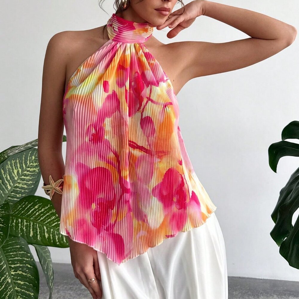 Casual Floral Pleated Halter Neck Women's Blouse - Picture 7 of 9